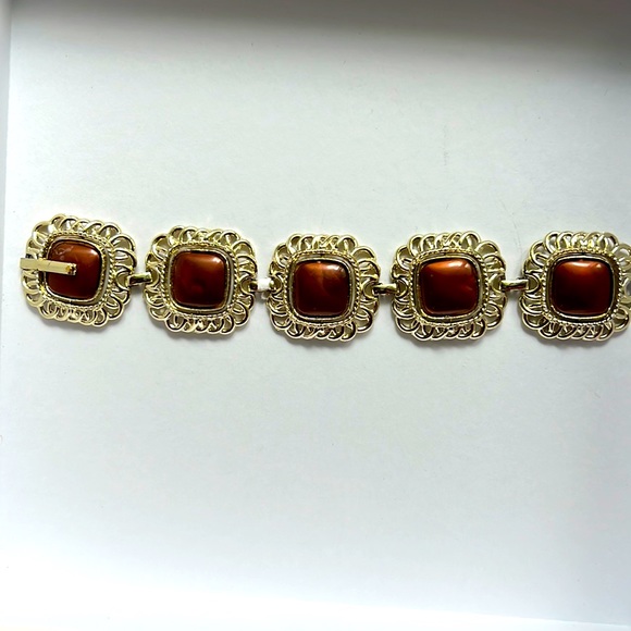 Vintage Brown Moonglow Lucite Bracelet Reversible Swivel Links Gold Tone Panel - Picture 3 of 9